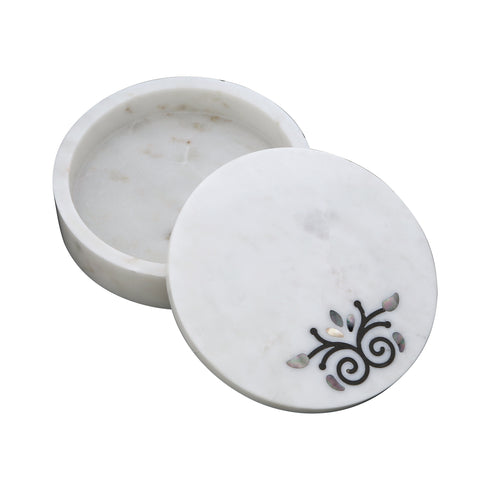 Large White Marble Trinket Box with Damask Motif